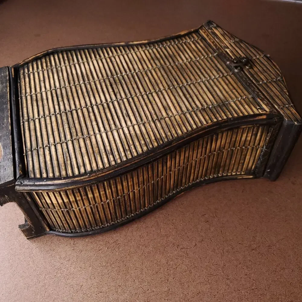 Vintage Bamboo Rattan Storage Chest Divided Organizer Boho Decor 16” Towels Wine